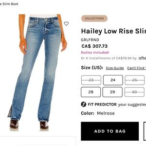 GRLFRND Hailey Low Rise Slim Boot Cut Jeans 29